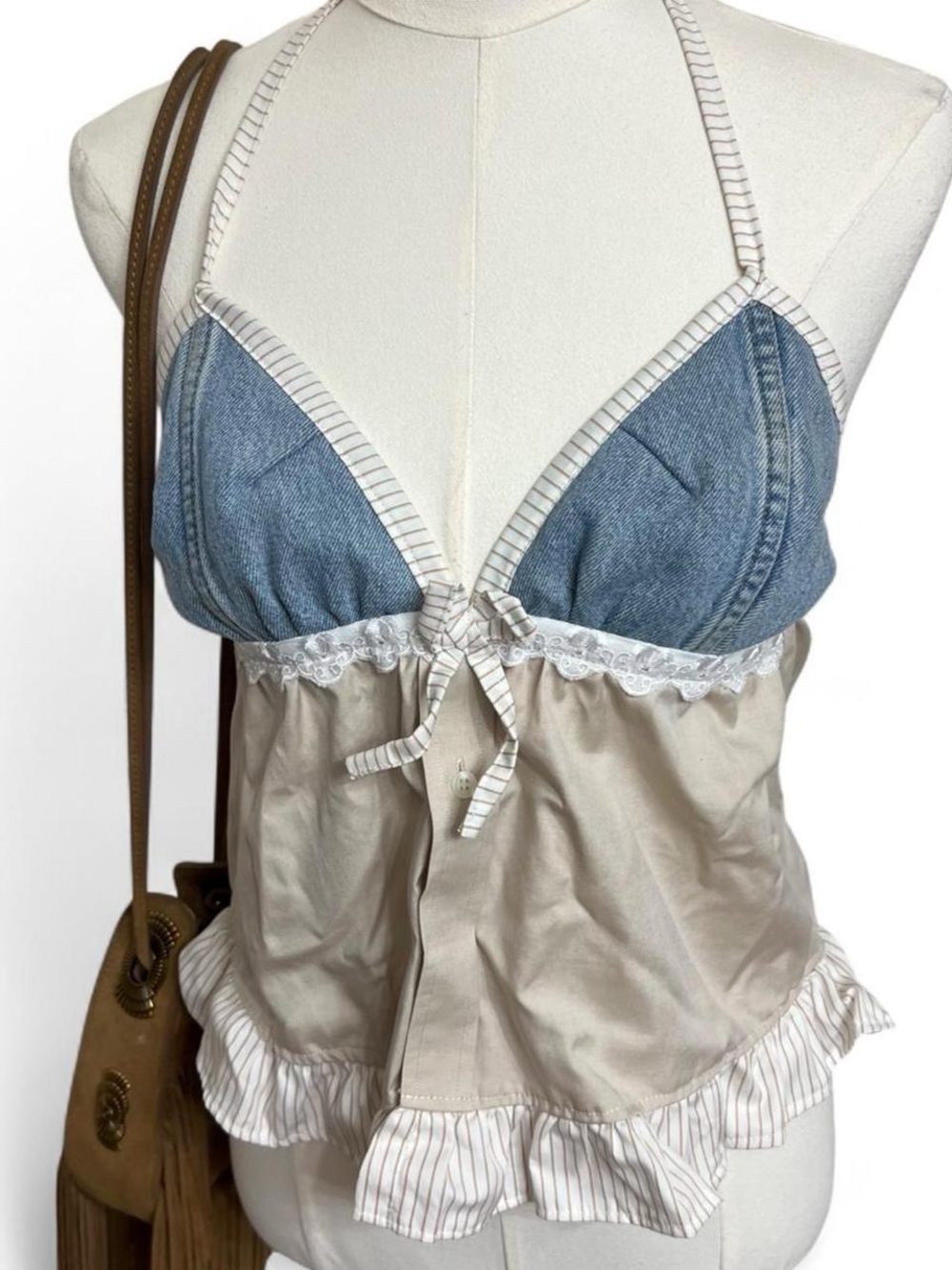 Blue denim halter top with white lace trim ruffles summer indie Y2K fall autumn